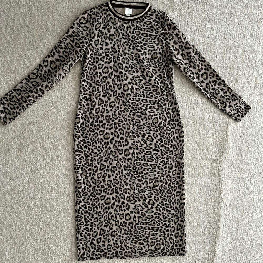 Leopard print (with gold sparkle thread) long, knit dress